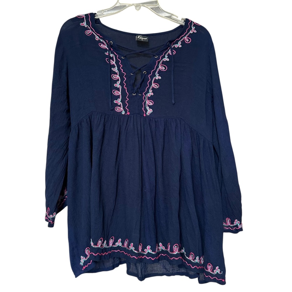 7 Islands‎ Navy Blue Embroidered Lace Up Tunic Top Gypsy Festival Sz M Bohemian